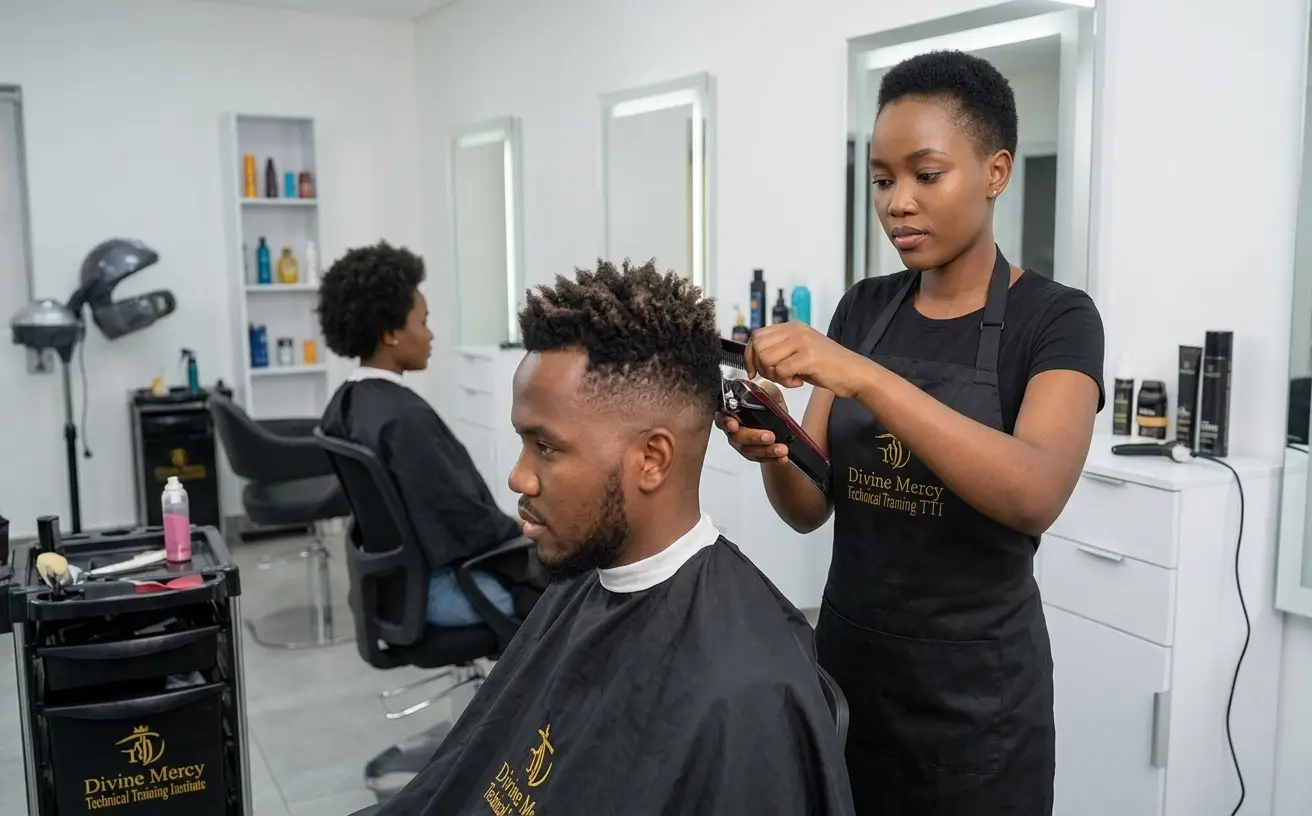 Hairdressing students receiving training at DMKTTI in Embu